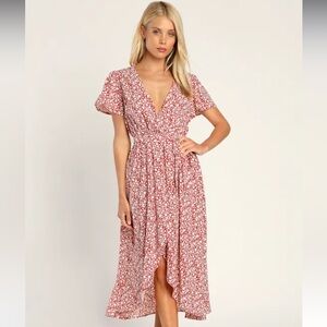 NWT Lulu's Flowery Fantasy Red Floral Print Flutter Sleeve High-Low Dress